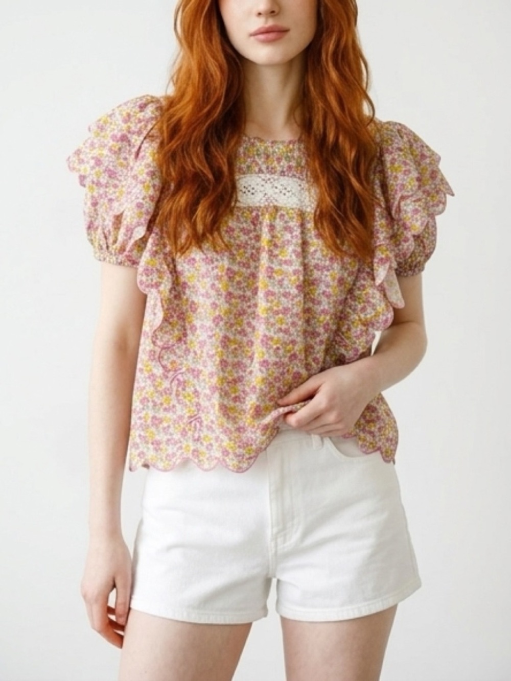 LoveShackFancy Pink Floral Lace Yoke Ruffle Blouse